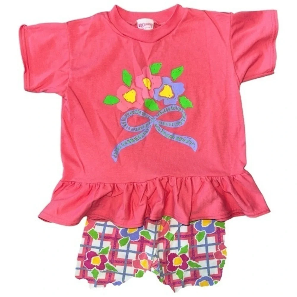 Carters Vintage Girls 3T Pink Floral Ruffle Hem T-Shirt Pull On Striped Shorts